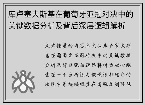 库卢塞夫斯基在葡萄牙亚冠对决中的关键数据分析及背后深层逻辑解析
