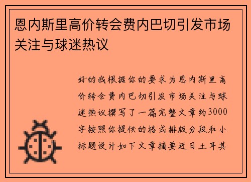 恩内斯里高价转会费内巴切引发市场关注与球迷热议