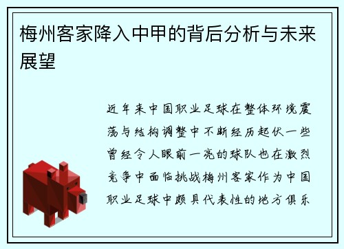 梅州客家降入中甲的背后分析与未来展望